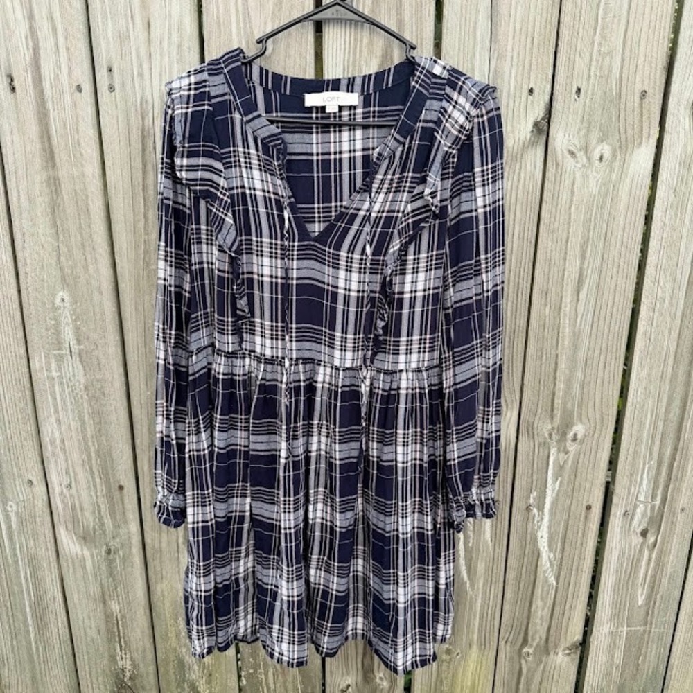 Boho Cottagecore LOFT Plaid Ruffle Mini Dress Medium Navy Pink Long Sleeve Tunic